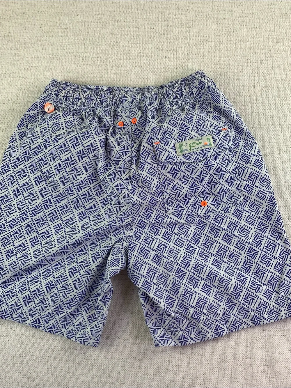 Crewcuts Blue Geometric Swim Trunks with Coral Drawstring